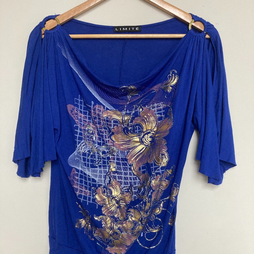 Limité Royal Blue Metallic Floral Blouse M Gold Silver Print Ring Detail